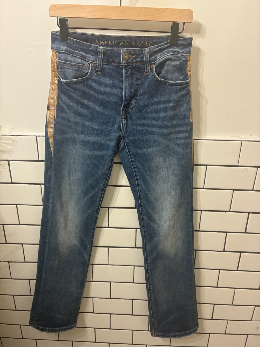American Eagle Outfitters Blue Straight-Leg Jeans with Gold Side Stripe